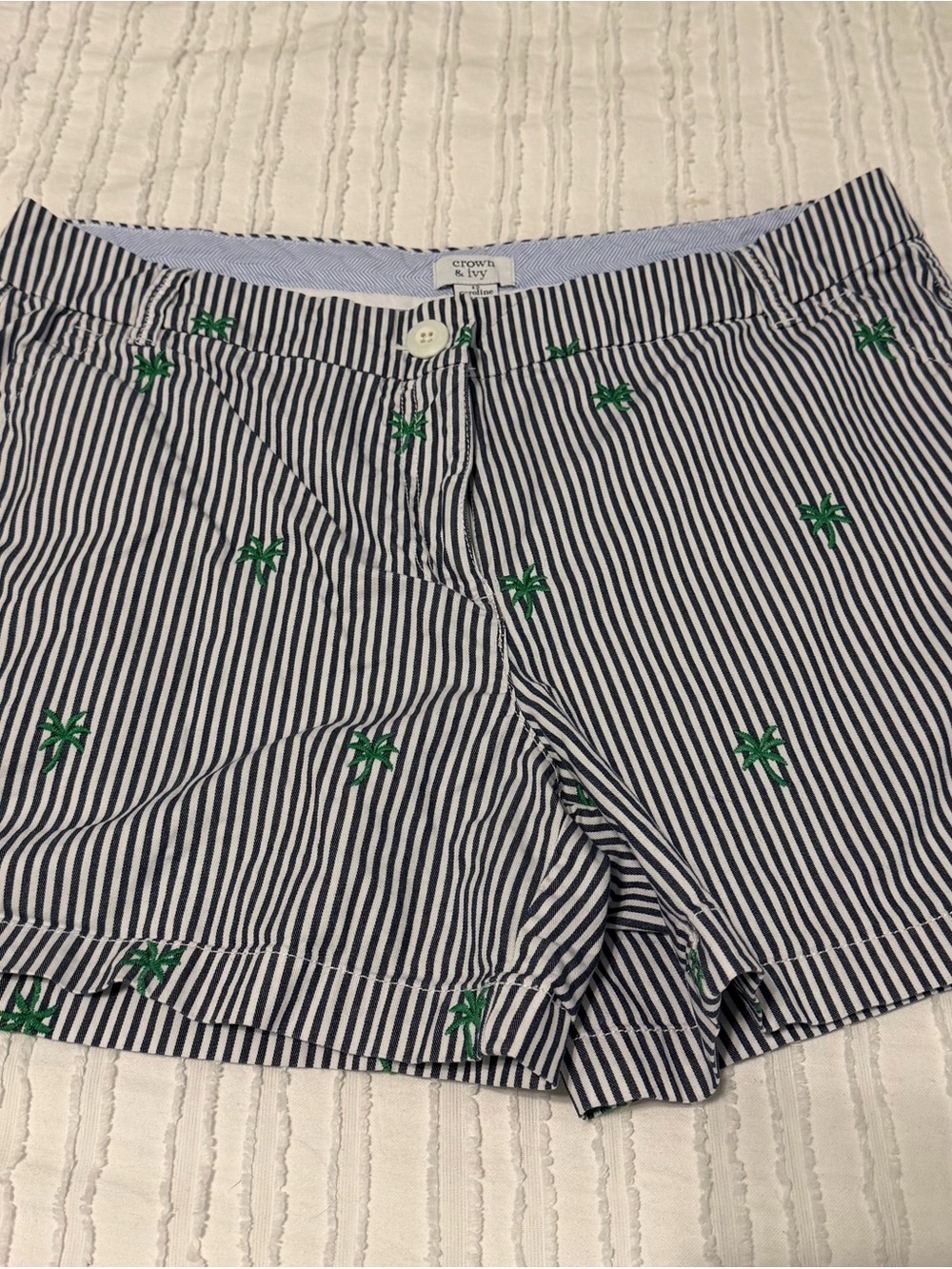 crown & ivy Navy and White Striped Palm Embroidered Shorts